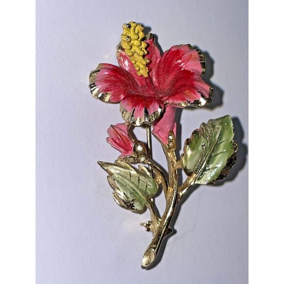 Vintage Coro Pink Red Yellow Hibiscus Flower Brooch Pin Rhinestones Gold-Tone - Picture 1 of 10